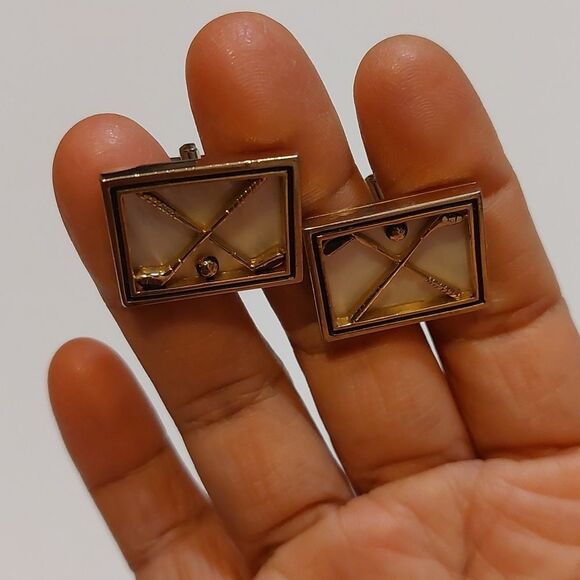 Vintage SWANK Framed Golf Clubs Golf Ball Cufflinks MOP Background Rectangle - Picture 2 of 6